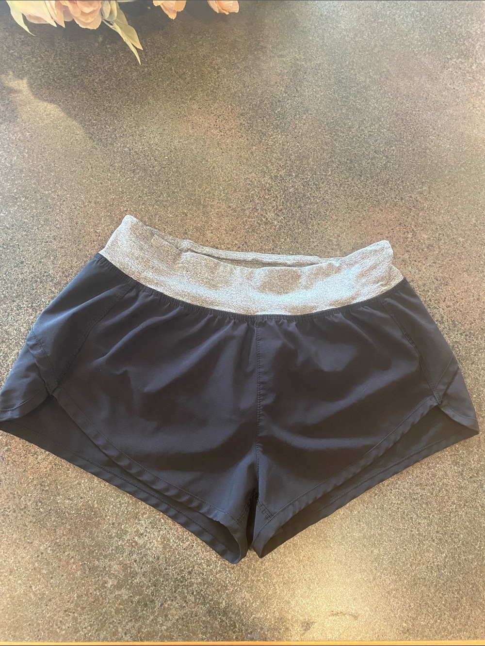 Women's Black Athletic Shorts with Heather Gray Waistband and Built in liner.
